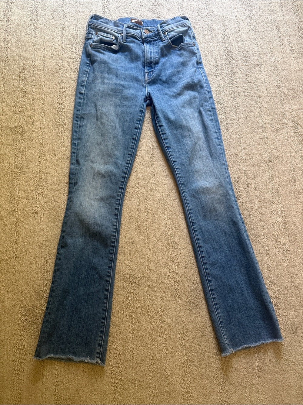 MOTHER “The Insider” Light Blue Flare Jeans with Raw Hem